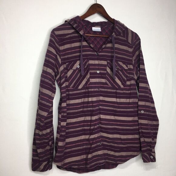 Columbia Striped Hooded Button Down Long Sleeve Shirt Sz S - Picture 7 of 14